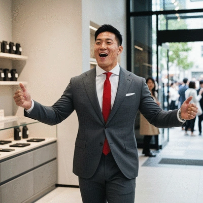 Retail store owner greeting customers at a soft launch event, modern and inviting atmosphere