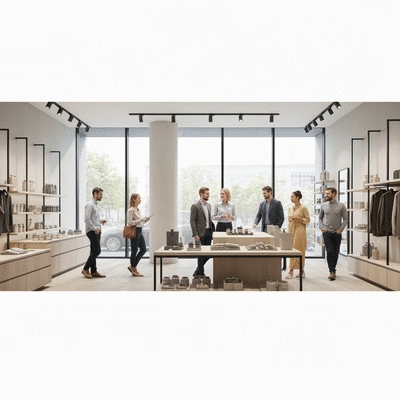 Modern retail space with sleek fixtures and happy customers