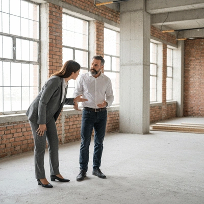 Modern commercial office space undergoing renovation, with contractor discussing plans with client, natural light, no text, no words, no typography, clean image