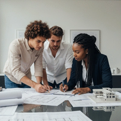 Architects reviewing construction plans on a large table, showing detailed blueprints and models, professional setting, no text, no words, no typography, clean image