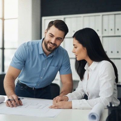 Professional shopfitter reviewing blueprints with a client in a modern office