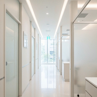 Modern medical clinic interior with clear pathways and private consultation rooms