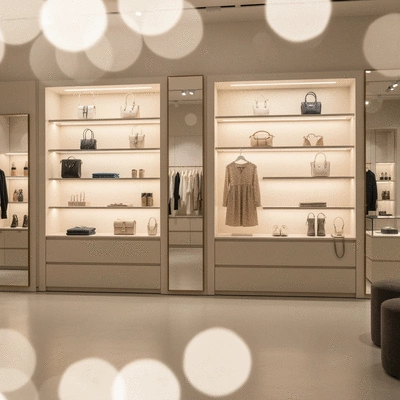 Stylish visual merchandising display in a boutique retail store with neatly arranged products
