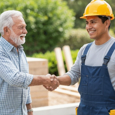 Close-up of a handshake between a client and a renovation contractor, symbolizing trust and partnership, on a construction site, no text, no words, no typography, clean image