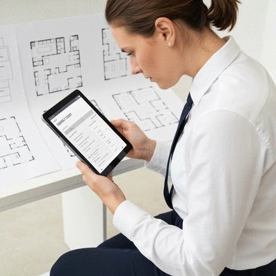 Person reviewing a detailed retail fitout checklist on a tablet, with store layout plans in the background, no text, no words, no typography, no labels, clean image