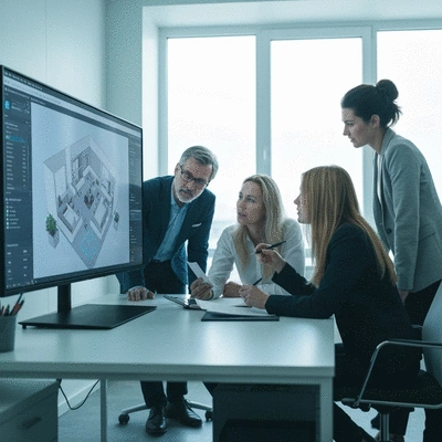 Architects and project managers collaborating on a digital renovation plan on a large screen, showing technology integration