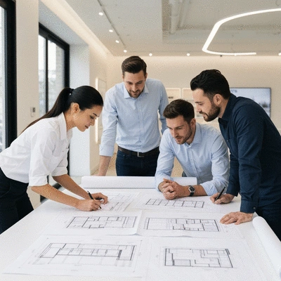 Architects reviewing retail fitout blueprints on a table with modern design elements