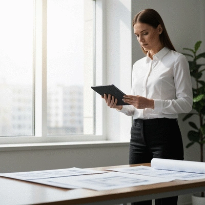 Retail business owner reviewing signage installation budget on a tablet