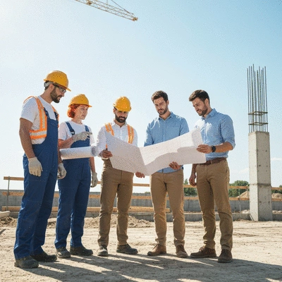 Diverse team of construction workers and architect reviewing blueprints on a construction site, sunny day, professional atmosphere, no text, no words, no typography, clean image
