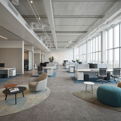 Modern commercial interior design with natural light and collaborative workspaces