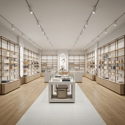 Modern retail space interior design with clean lines and strategic lighting