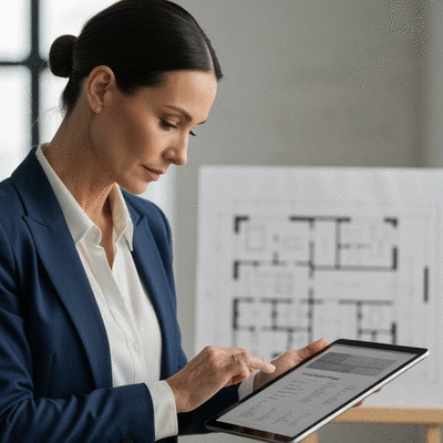 Business owner reviewing shopfitting budget on a tablet with a blueprint in the background