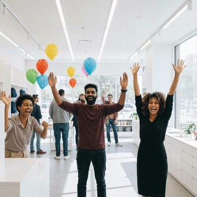 Excited team members celebrating a successful store opening, with balloons and happy customers in the background, no text, no words, no typography, no labels, clean image