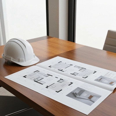Architectural drawing of a modern renovation project on a desk with a hard hat and blueprints, no text, no words, no typography, clean image