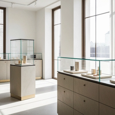 Modern retail space with custom shop fittings showcasing unique brand identity, clean image