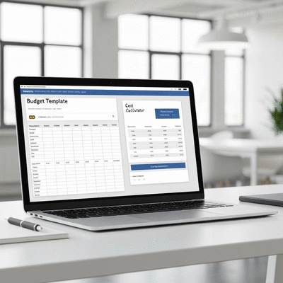 Laptop displaying a budget template and a cost calculator on screen, clean image, no text, no words, no typography