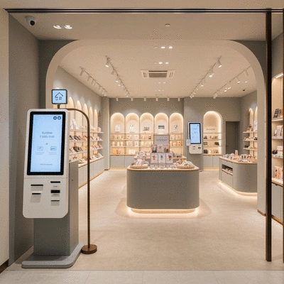 Modern retail store interior design with checklist on a tablet screen, showing Melbourne-specific considerations