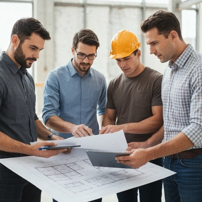 Architects and contractors reviewing commercial renovation plans on a construction site, clean image, no text, no words, no typography