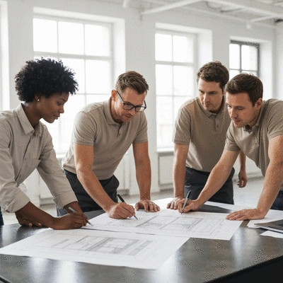 A team of shopfitters collaborating on a retail space design, looking at plans