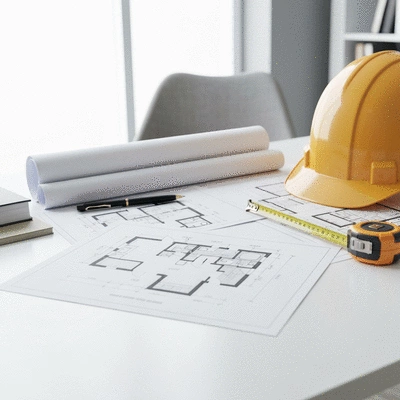 Architectural drawings and blueprints on a desk with a hard hat and measuring tape, representing commercial renovation planning