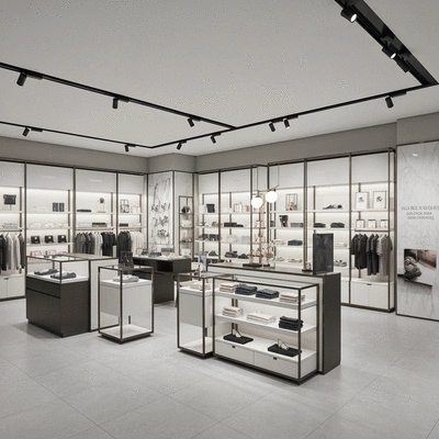 Modern retail store interior design with sleek fixtures and ambient lighting