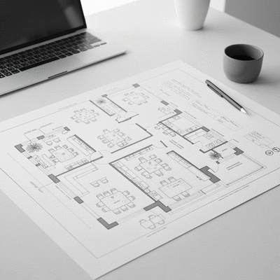Blueprint of a cafe layout with compliance symbols