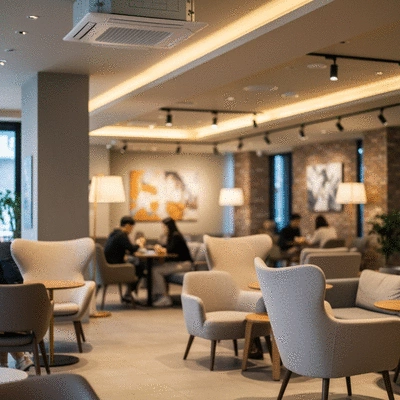 Modern cafe interior with comfortable seating and thoughtful lighting