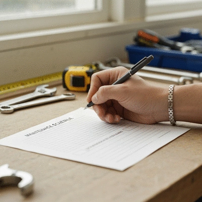 Close-up of a hand writing on a maintenance schedule checklist with tools in the background, organized and professional, no text, no words, no typography, clean image