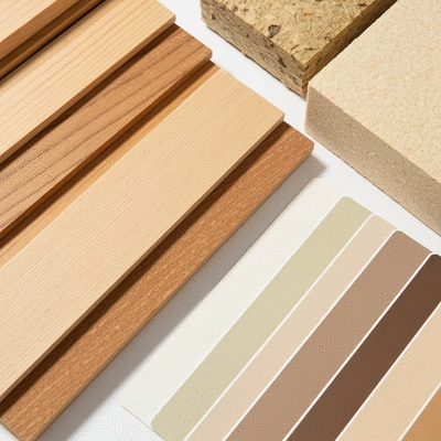 Close-up of eco-friendly building materials like recycled wood and low-VOC paint samples