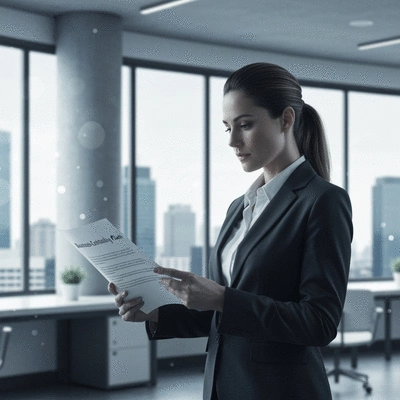 Business owner reviewing a business continuity plan document, focused and determined