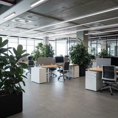 Modern office space with biophilic design elements and smart tech integration