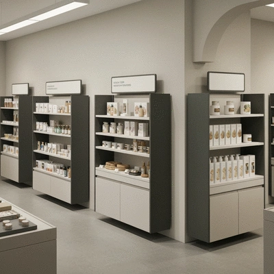 Flexible and scalable retail display units, adaptable to changing product ranges, clean image