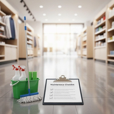 Retail store maintenance checklist on a clipboard with cleaning supplies in background
