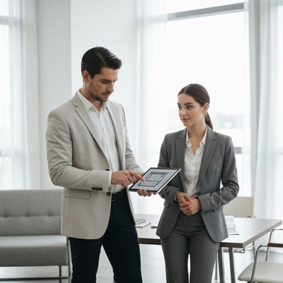 Professional consultant discussing commercial fitout plans with a client in a modern office