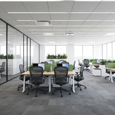 Modern office space with collaborative workstations and ergonomic chairs